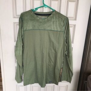 Raw Yarn Pullover SzM Lng Sleeves Gold Rivets/Side Zips Contrast Fabric V Neck